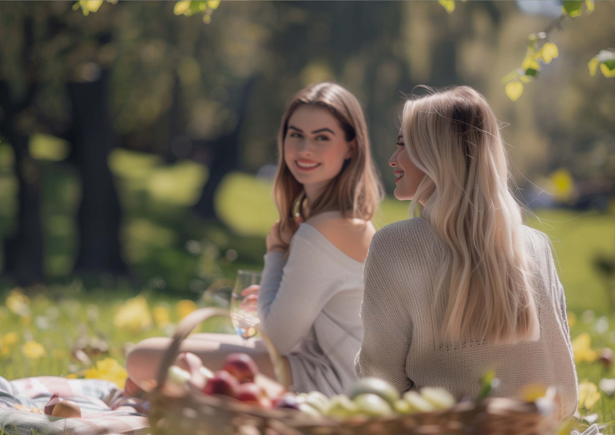 Zukünftige Braut und Trauzeugin bei einem gemeinsamen Picknick im Park