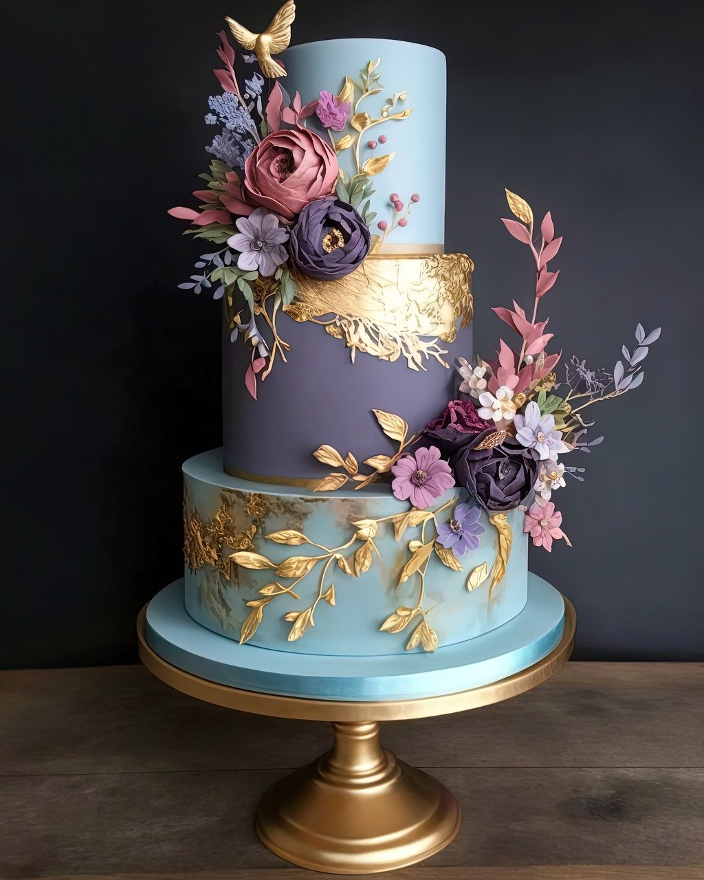 Statement Hochzeitstorte 3 Stöckig, mit Blumen und Zweigen und starken Farben in Blau Violett und Gold